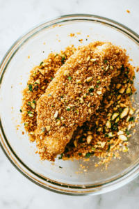 Cut chicken breasts into 1-inch strips and coat each piece in the Dijon mixture.