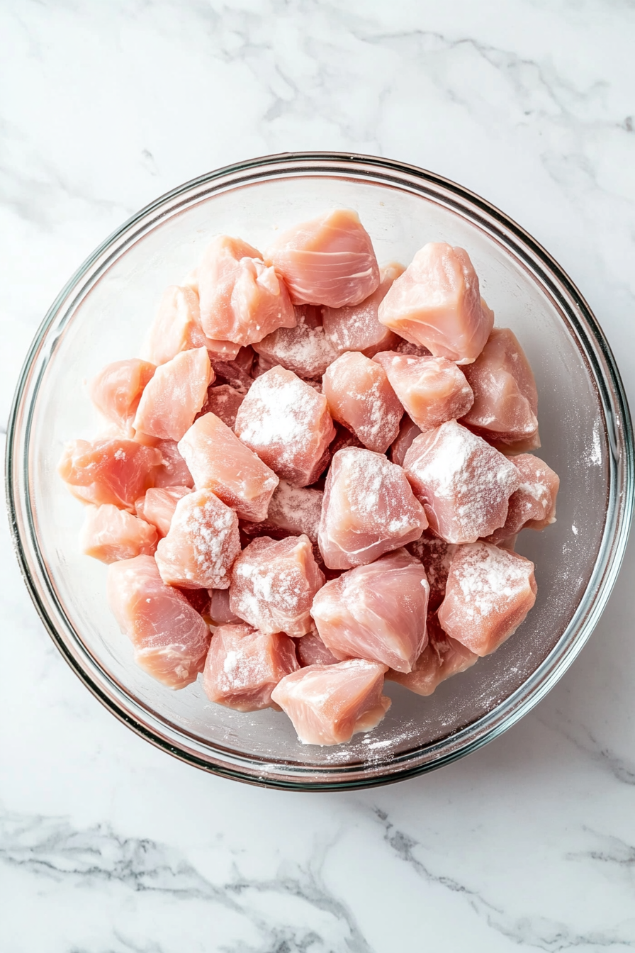 Lightly flour the chicken pieces to help them brown nicely.