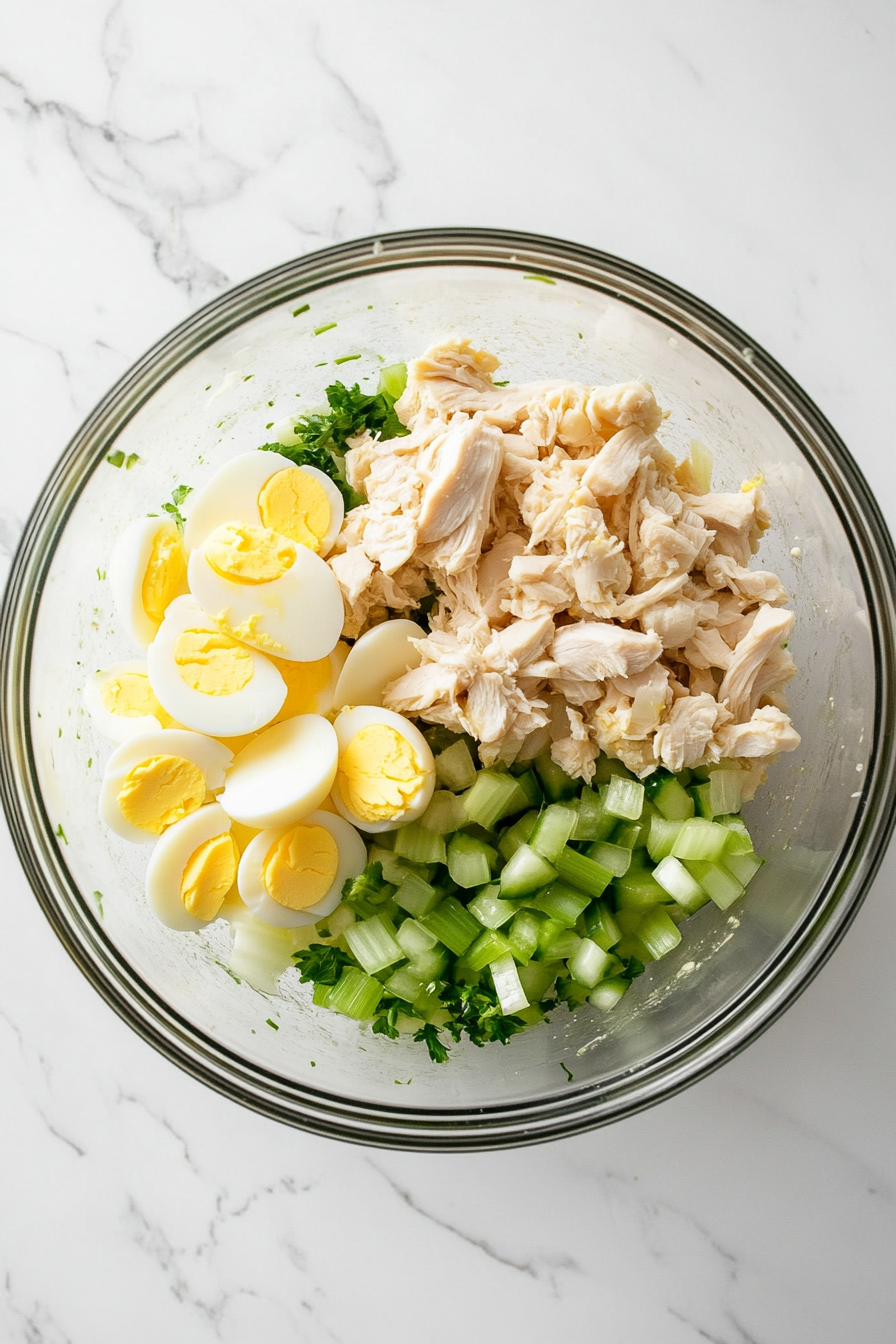 In a large mixing bowl, add chopped cooked chicken, celery, onion, and chopped hard-boiled eggs.