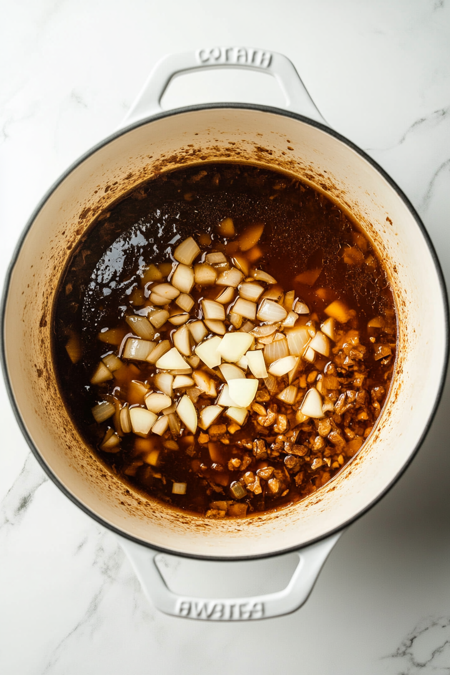 In a large pot, combine soy sauce, brown sugar, water, chopped onion, garlic, and ginger.