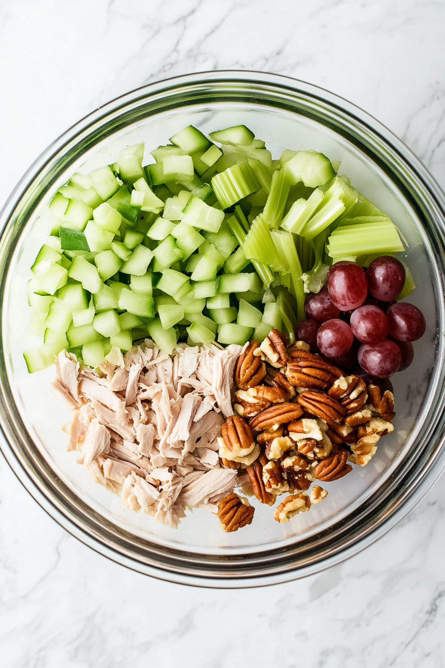 In a mixing bowl, combine chicken, chopped celery, red grapes, pecans, and scallions.
