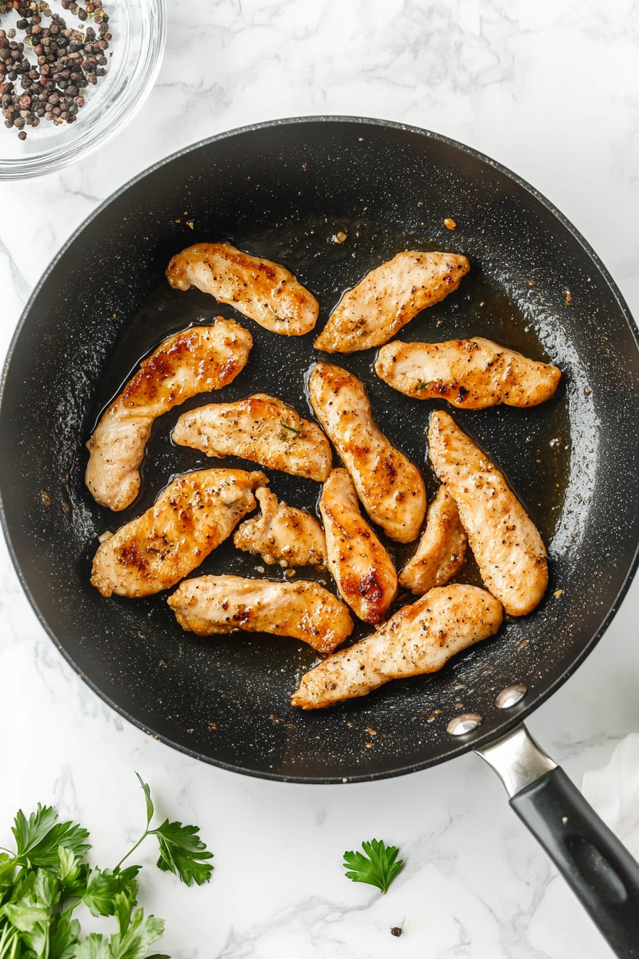 Cook chicken: Add chicken strips and cook until golden and cooked through, about 5-7 minutes. Remove and set aside.