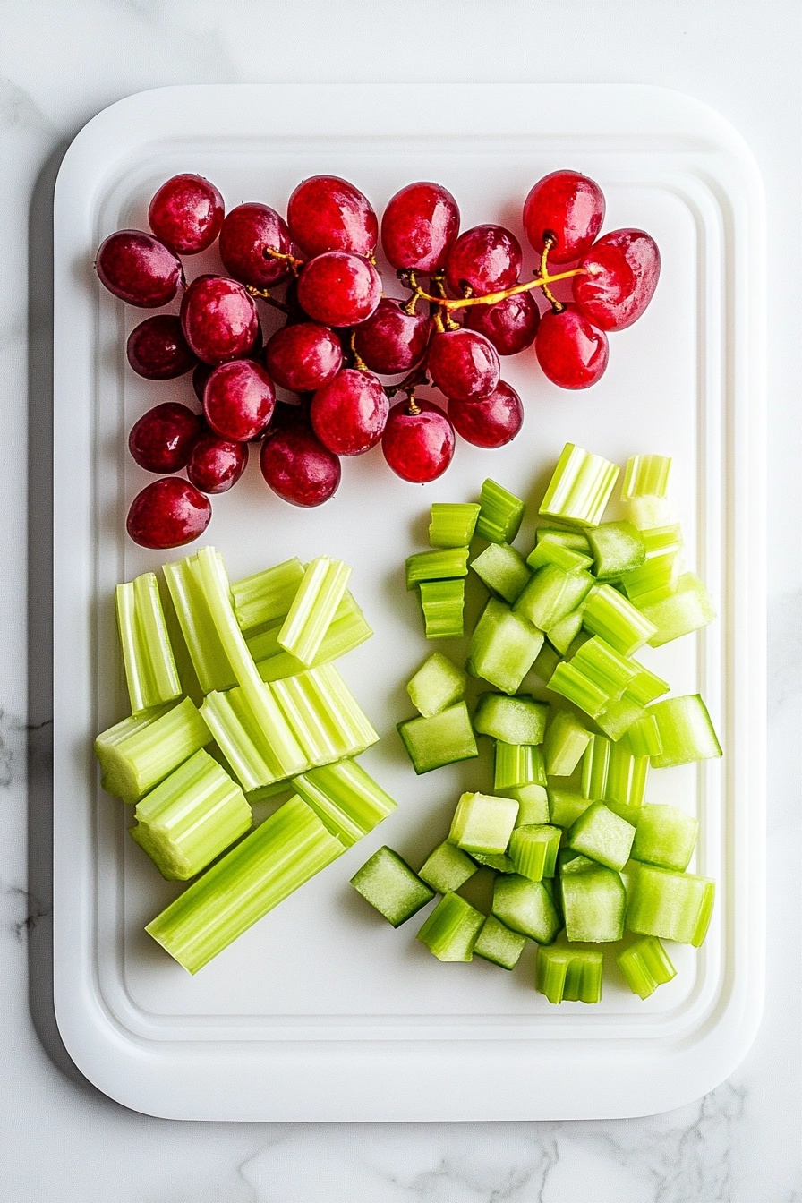 Dice celery and halve the grapes.