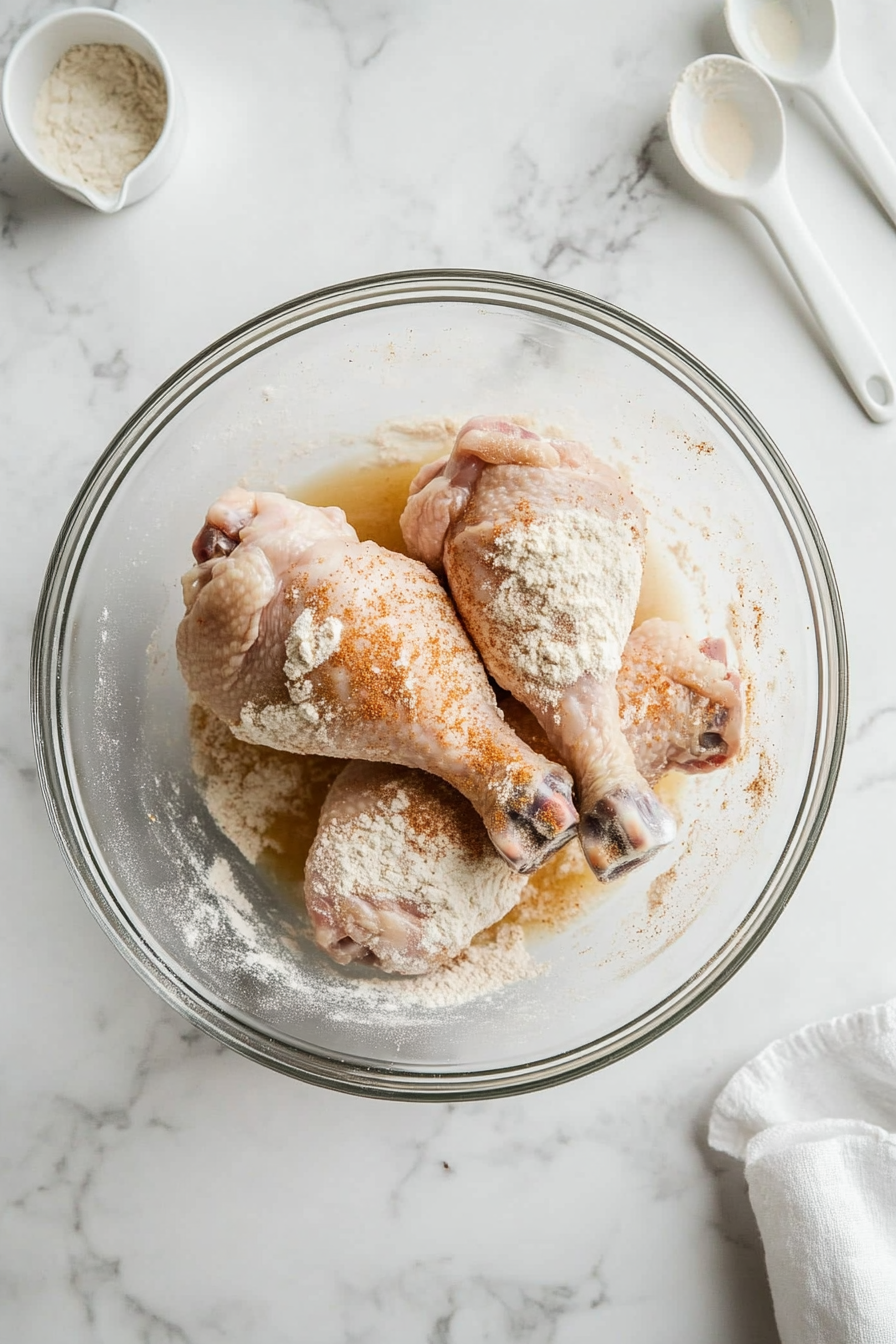 Remove chicken from buttermilk mixture and dredge thoroughly in the seasoned flour. For extra crunch, dip again in buttermilk and flour.
