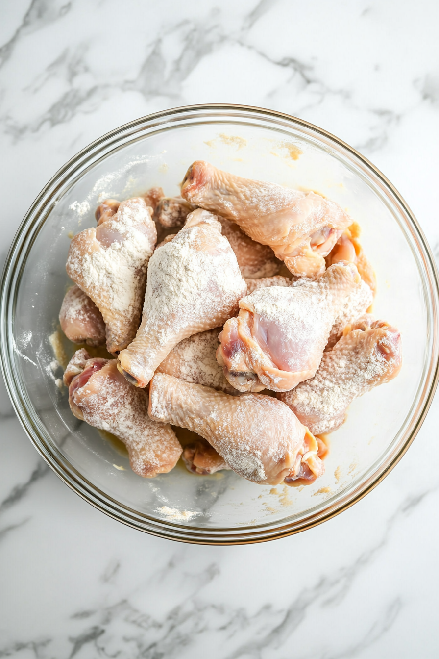 Dredge chicken legs and thighs in the seasoned flour until well-coated.