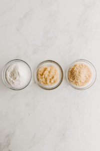 Dredge each piece in flour, then dip into beaten egg, and coat thoroughly with panko breadcrumbs.
