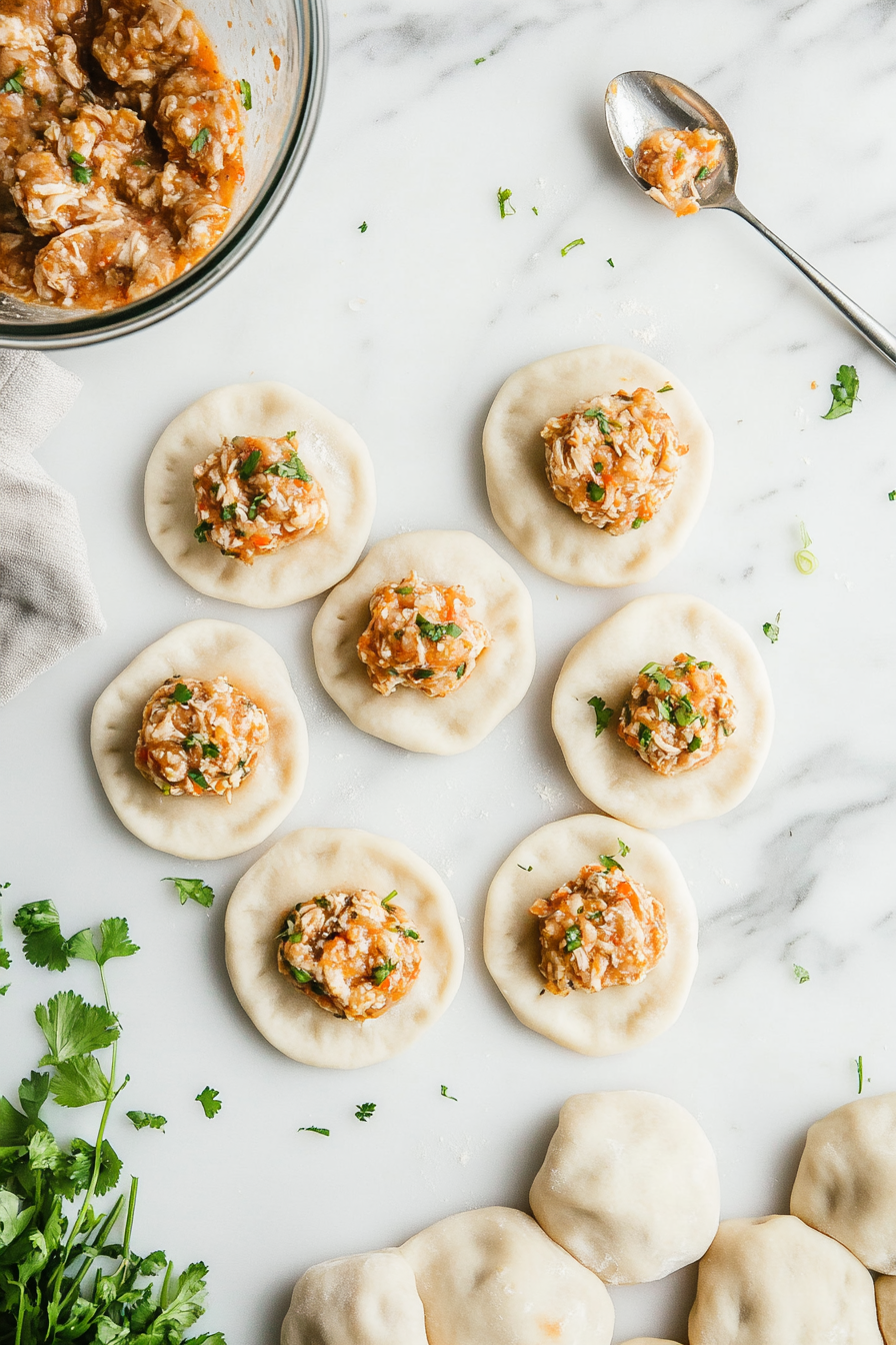 Place a spoonful of filling in the center of each wrapper, then fold and pinch edges to seal.