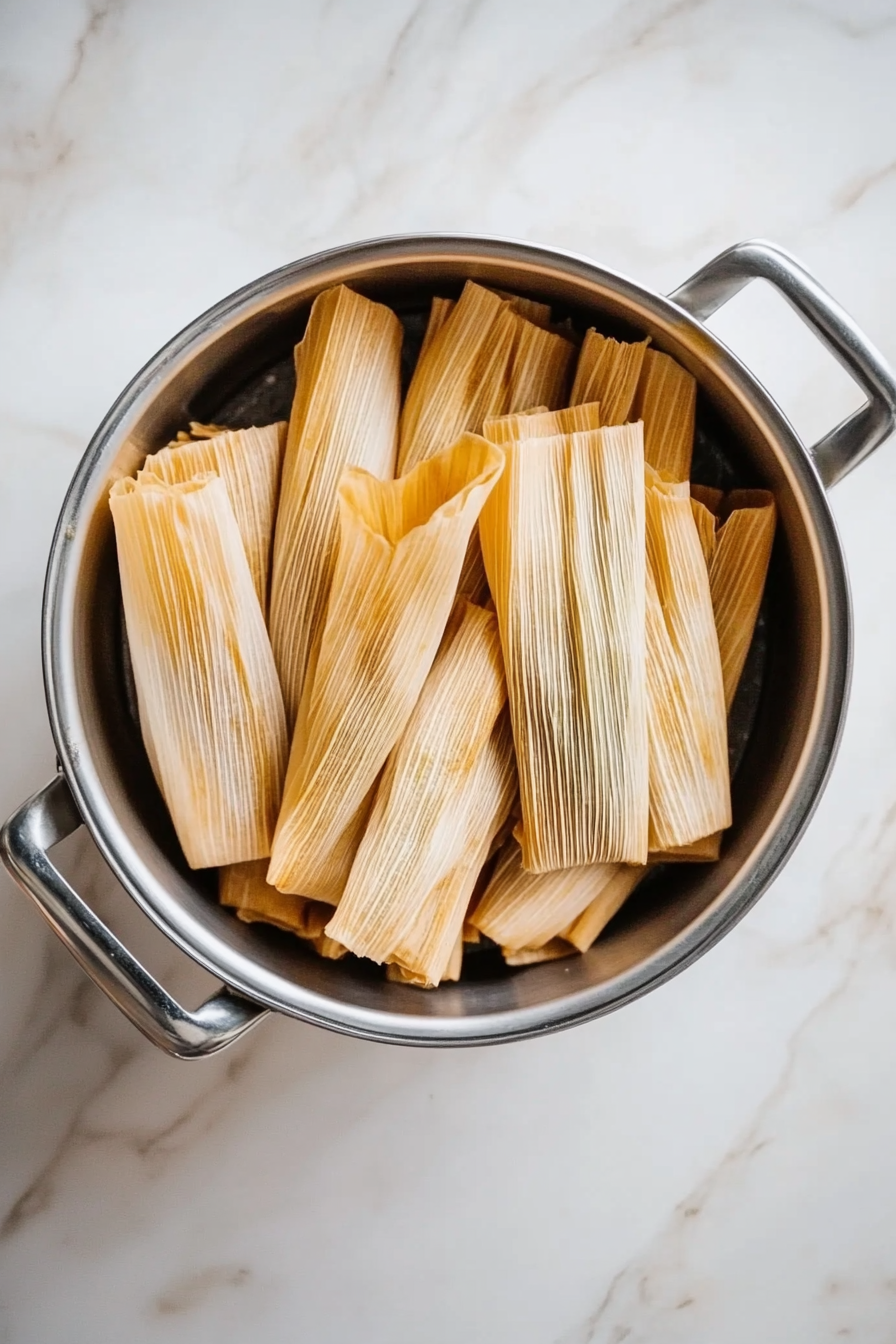 Steam tamales upright for about 1.5 hours until the dough is firm and cooked through.