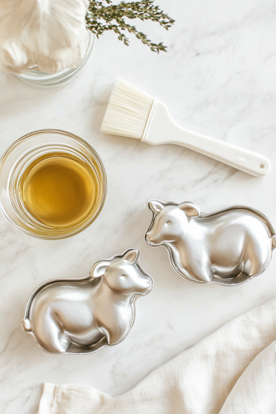 Preheat oven to 350°F (175°C) and grease both sides of the lamb mold with vegetable oil.