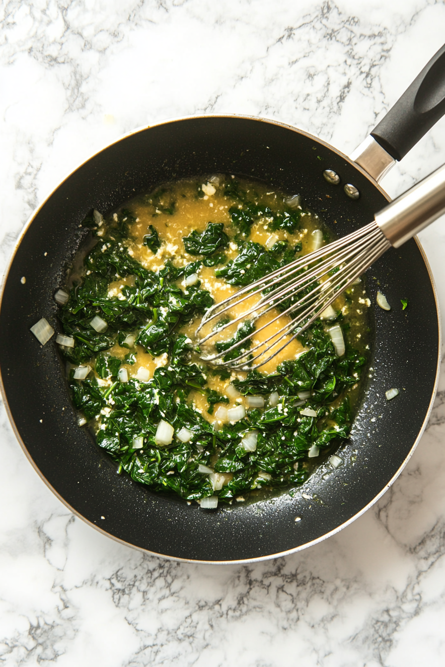 Prepare the spinach cream sauce: sauté onion and garlic in olive oil and butter, whisk in flour, then gradually add chicken broth and half-and-half; stir in spinach, salt, and pepper.