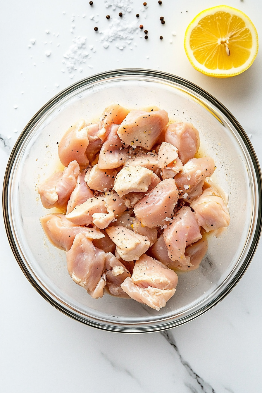 Marinate chicken with salt, freshly ground black pepper, and lemon juice for 15 minutes.