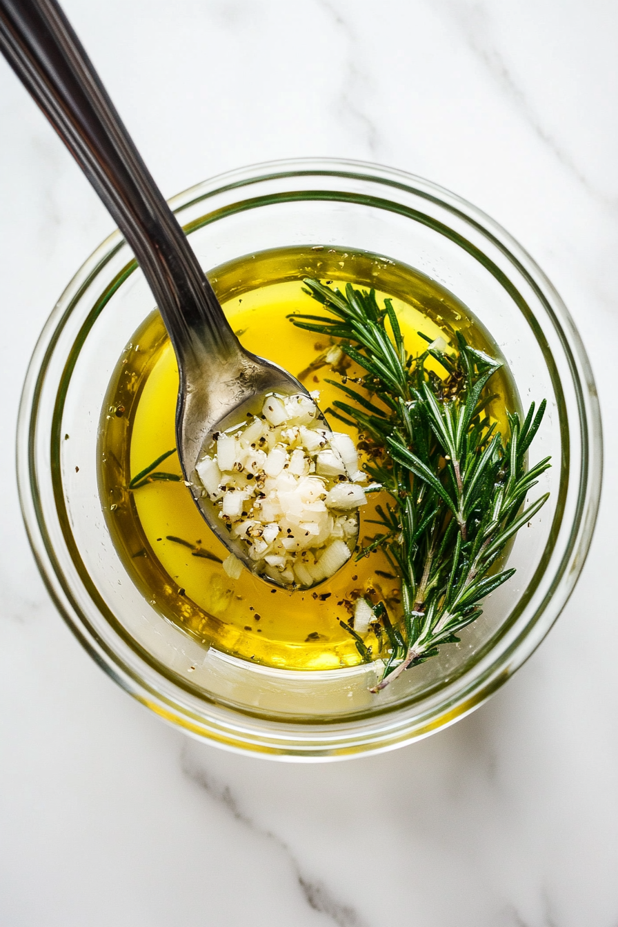 In a small bowl, mix olive oil, minced garlic, and crushed rosemary leaves.
