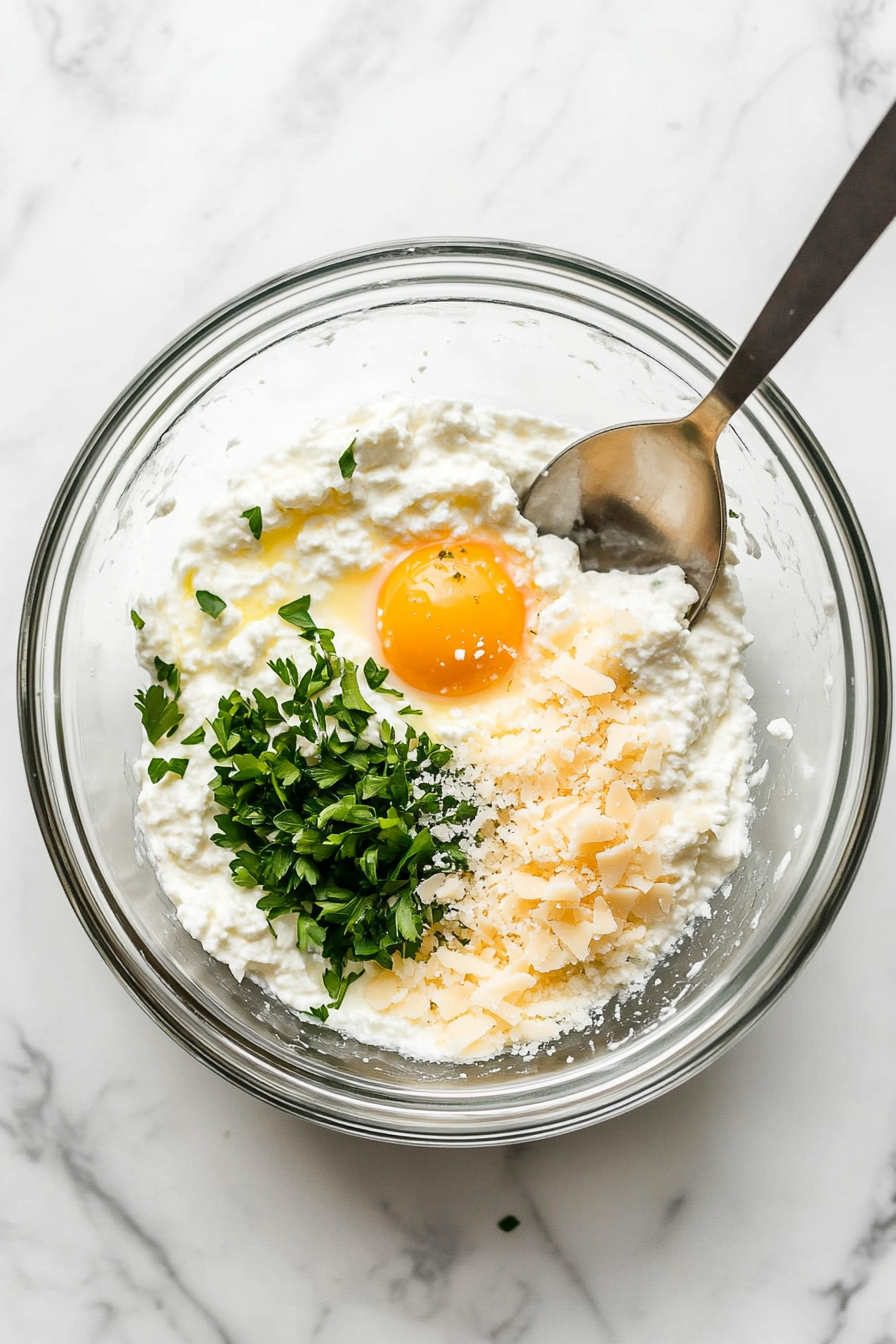 In a bowl, mix ricotta, egg, parsley, and parmesan cheese until smooth.