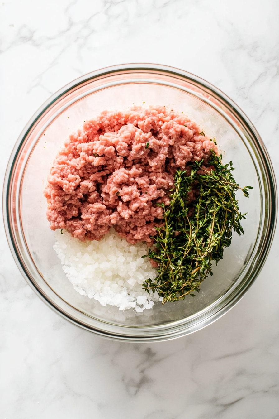 In a bowl, mix ground lamb, garlic powder, chopped rosemary, thyme, salt, and pepper.
