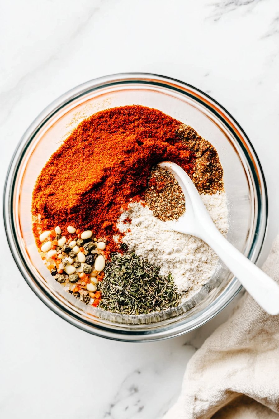 In another bowl, combine flour with all the spices (paprika, garlic powder, white pepper, celery salt, black pepper, dry mustard, kosher salt, onion powder, thyme, basil, oregano, ginger, and optional MSG).