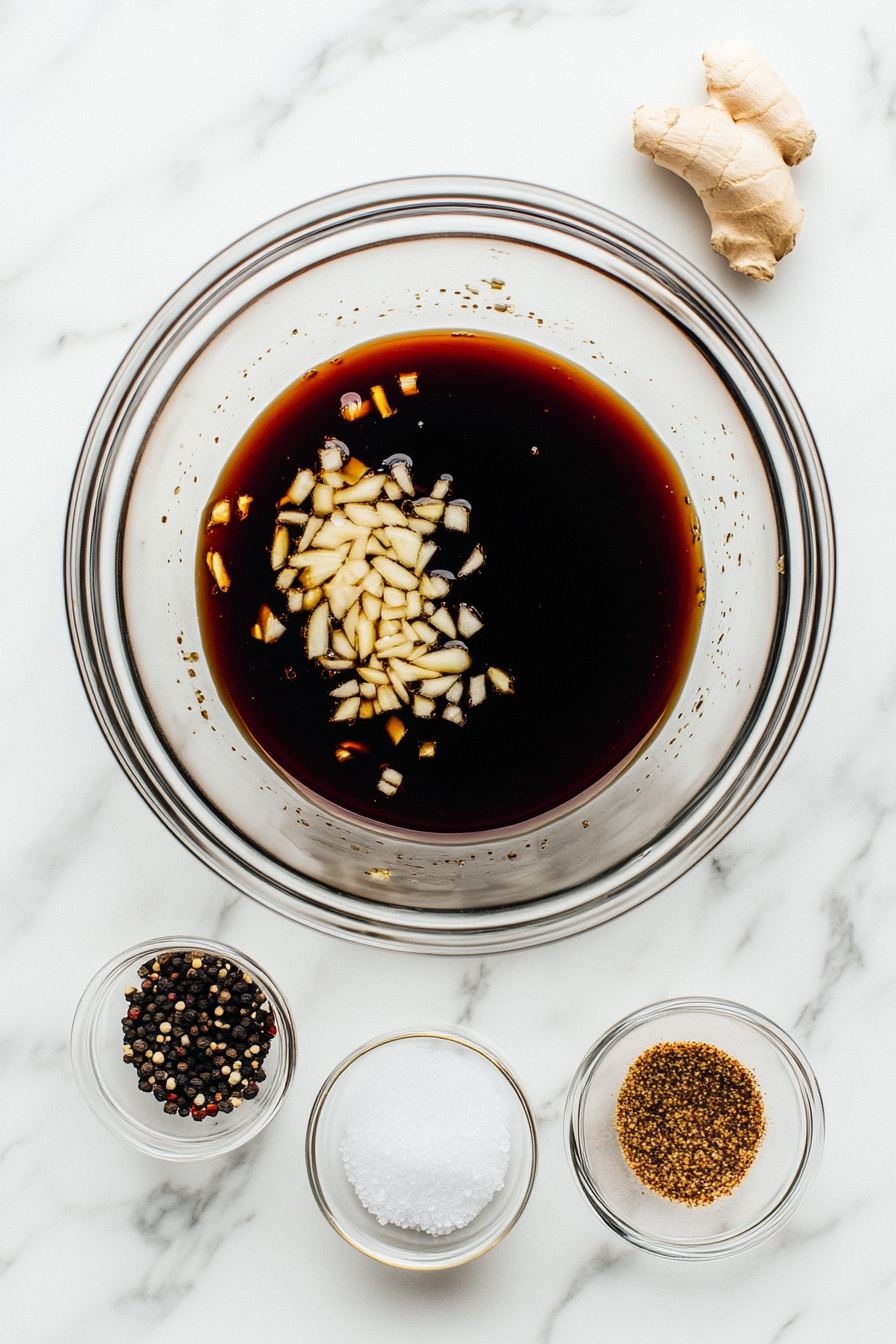 In a bowl, mix soy sauce, sake, mirin, ginger, garlic, sesame oil, black pepper, cayenne, sugar, and salt.