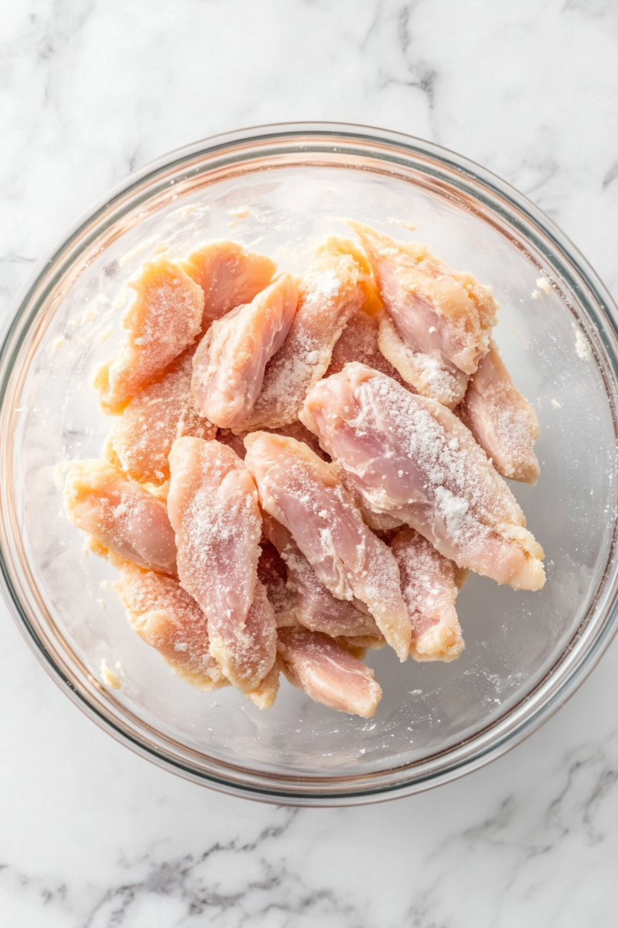 Prep the chicken: Cut chicken breast tenderloins into thin strips and toss with cornstarch until lightly coated.