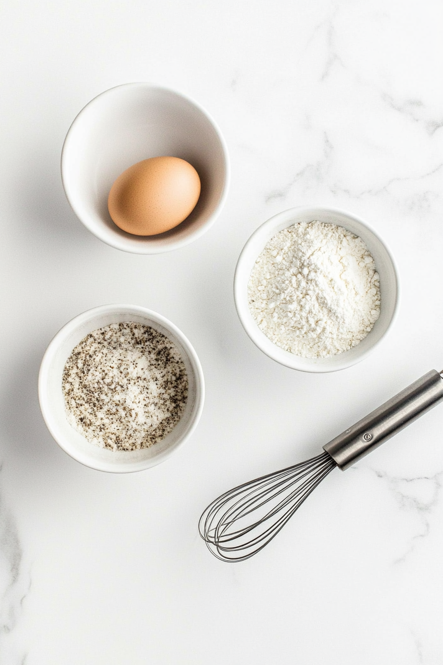 In one bowl, mix flour with salt, pepper, garlic, and onion powder.