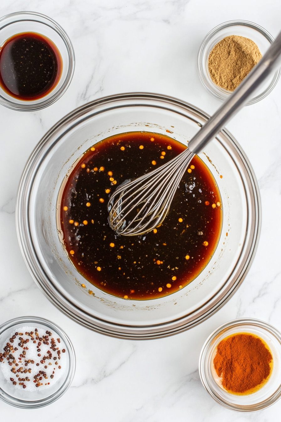Prepare the sauce: Whisk together soy sauce, oyster sauce, bean sauce, hoisin, sambal olek, red wine vinegar, sugar, water, five-spice, and cornstarch. Set aside.