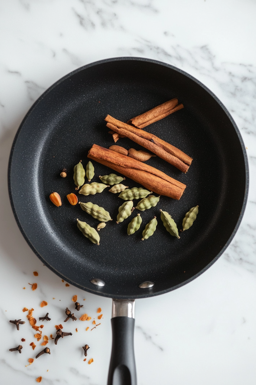 Roast dry spices (cardamom, cloves, cinnamon) in a pan; grind them finely.