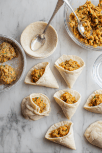 Divide the dough into small balls and roll each into an oval shape. Cut in half to form samosa wrappers.