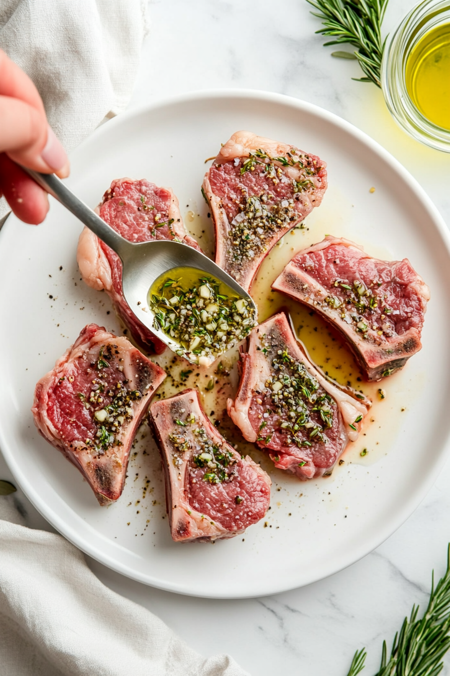 Rub the garlic and rosemary mixture evenly over the lamb chops.