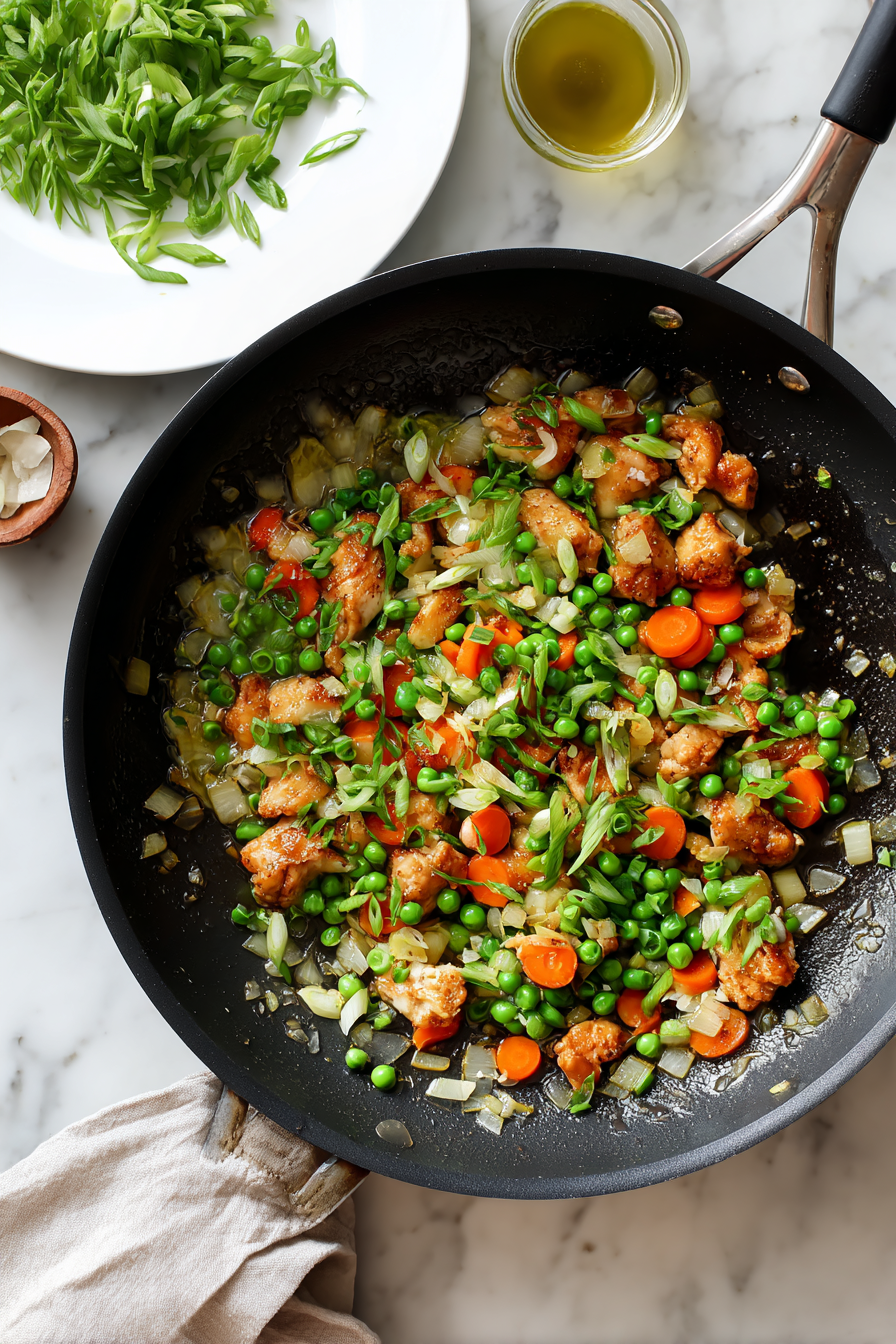 In the same pan, sauté onions, green onions, peas, and carrots.