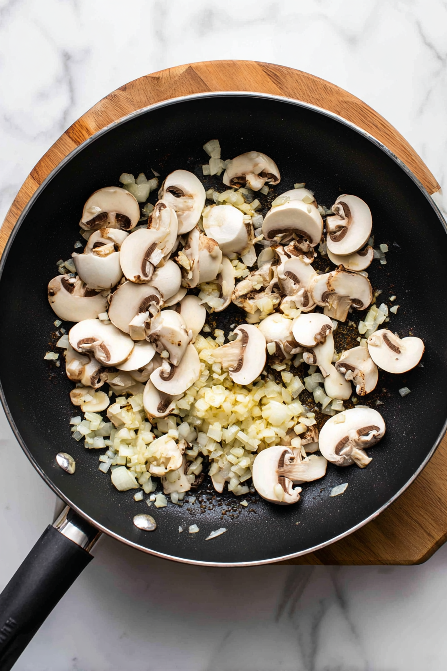 In a pan, sauté onions, garlic, and mushrooms in olive oil until soft.