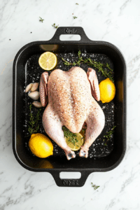 Season the whole chicken inside and out with salt, pepper, and stuff the cavity with lemon halves, thyme, garlic, and bay leaf.