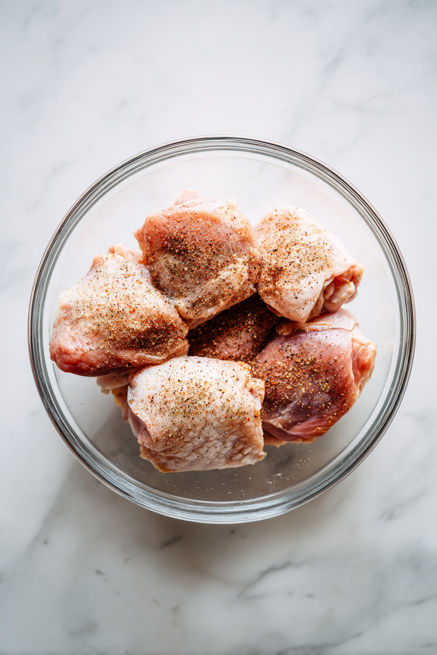 Season the chicken thighs with poultry seasoning and jerk seasoning.