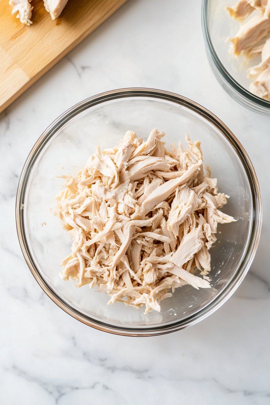 Remove the skin and bones from the rotisserie chicken, then shred the meat.