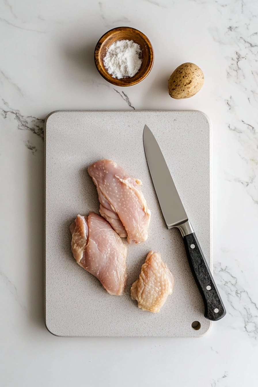 Slice the chicken thighs into bite-sized pieces and lightly coat them in cornstarch.