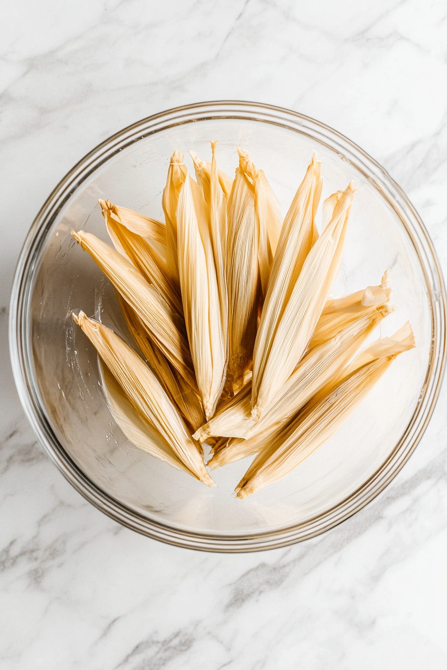 Soak corn husks in hot water until soft and pliable.