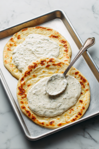 Place flatbreads on a baking sheet and spread ranch dressing evenly.