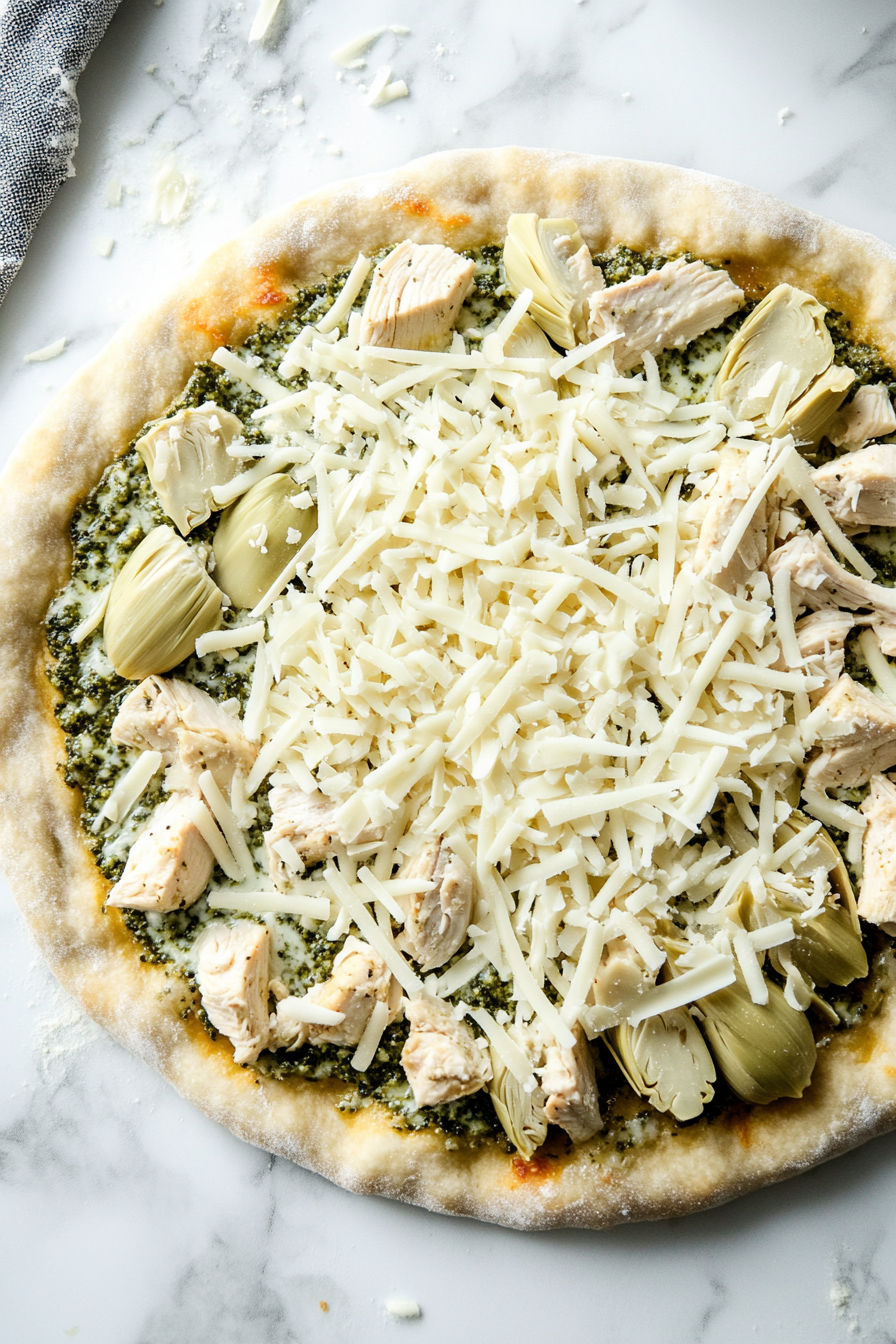Sprinkle shredded fontina cheese evenly over the toppings.
