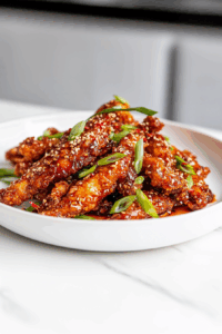 Sweet & Spicy Korean Chicken Recipe: Toss crispy chicken in warm sauce, garnish with spring onions, sesame seeds, and chilli flakes.