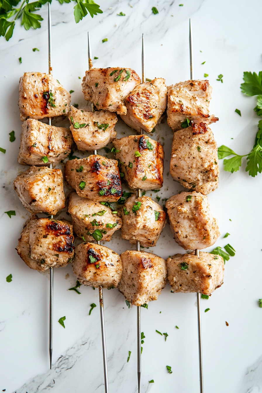 Thread chicken pieces onto skewers.