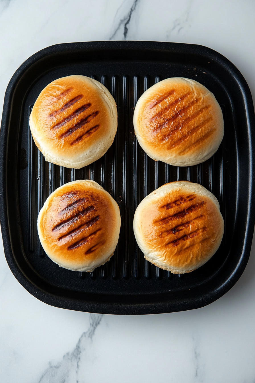 Toast hamburger buns until golden and warm.