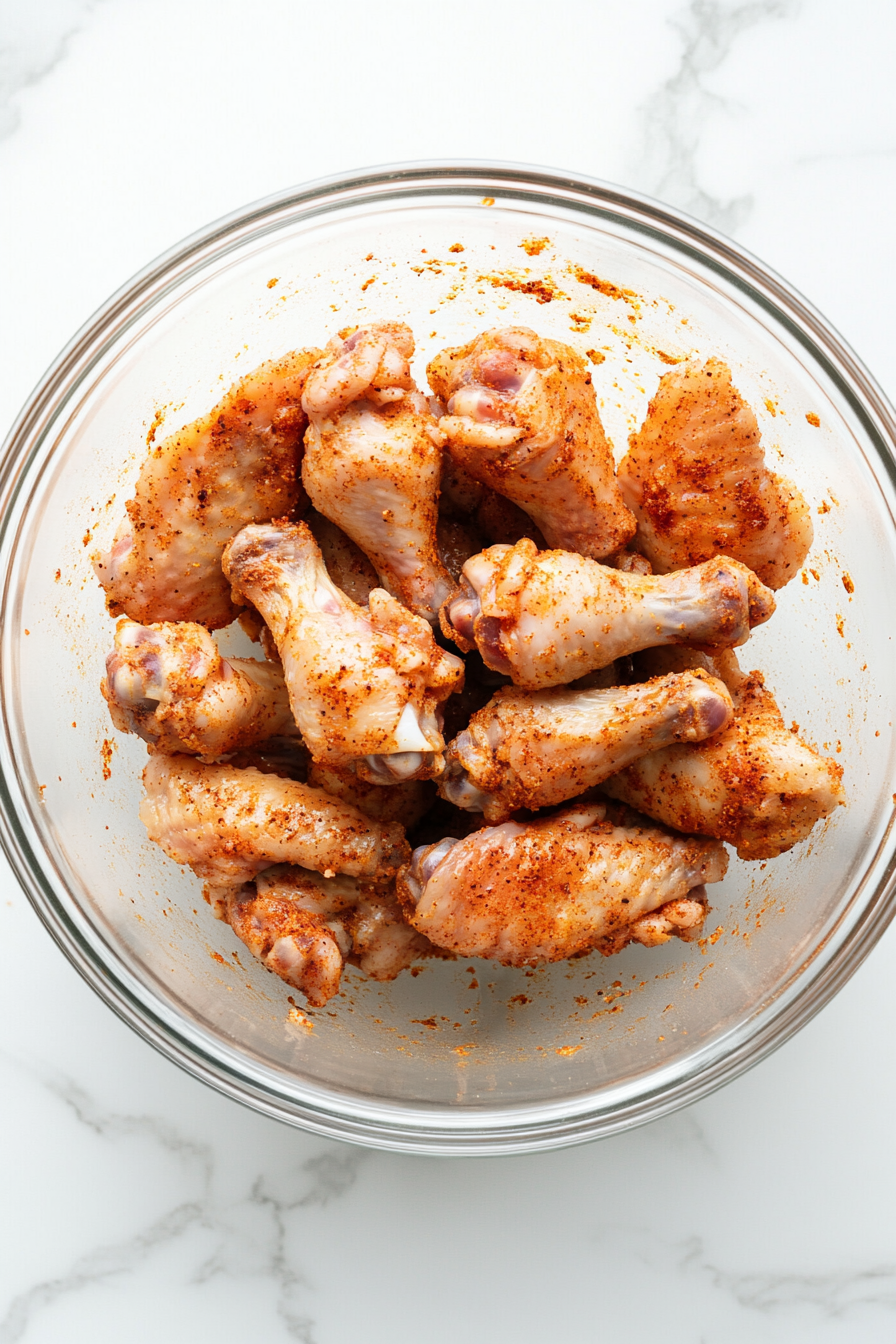 Toss the wings in a large bowl with BBQ spice rub until evenly coated.