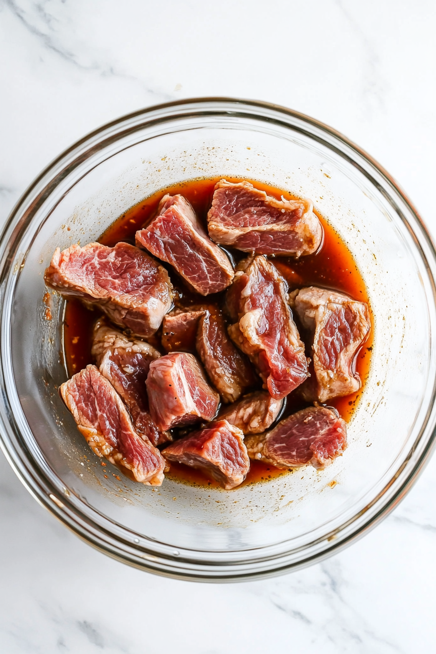 Velvet the lamb: In a bowl, mix baking soda, sugar, soy sauce, and oil. Toss lamb strips in and marinate for 15 minutes.