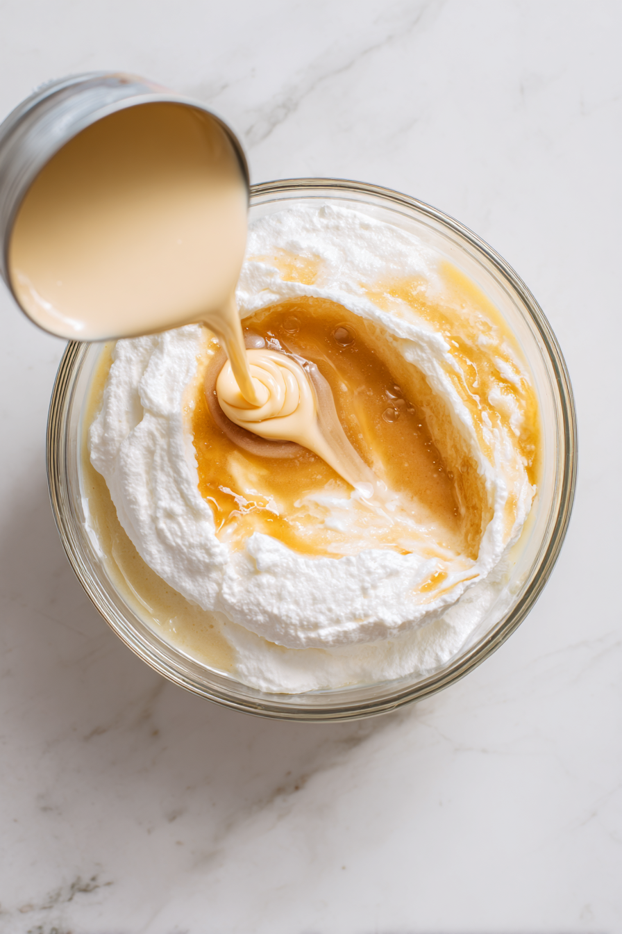 In the same bowl, gently fold in the 14 oz can of sweetened condensed milk.