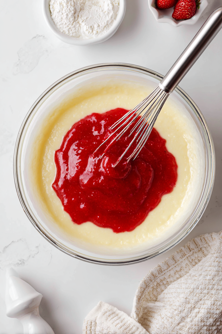 Puree strawberries in a blender, then fold into the batter. Mix until smooth, but don’t overmix.