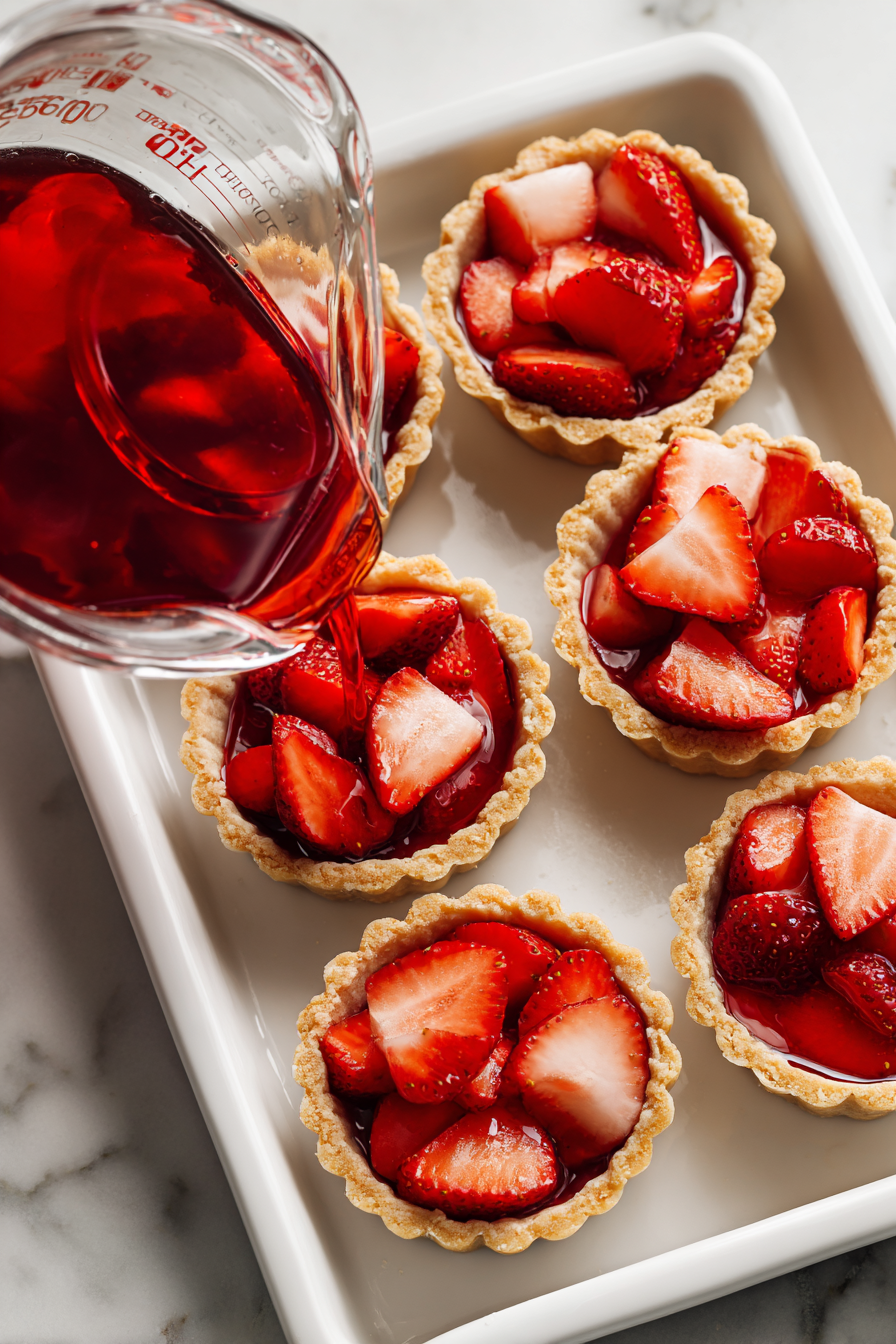 Assemble: Place sliced strawberries into each tart shell. Pour the cooled gelatin mixture over the strawberries.