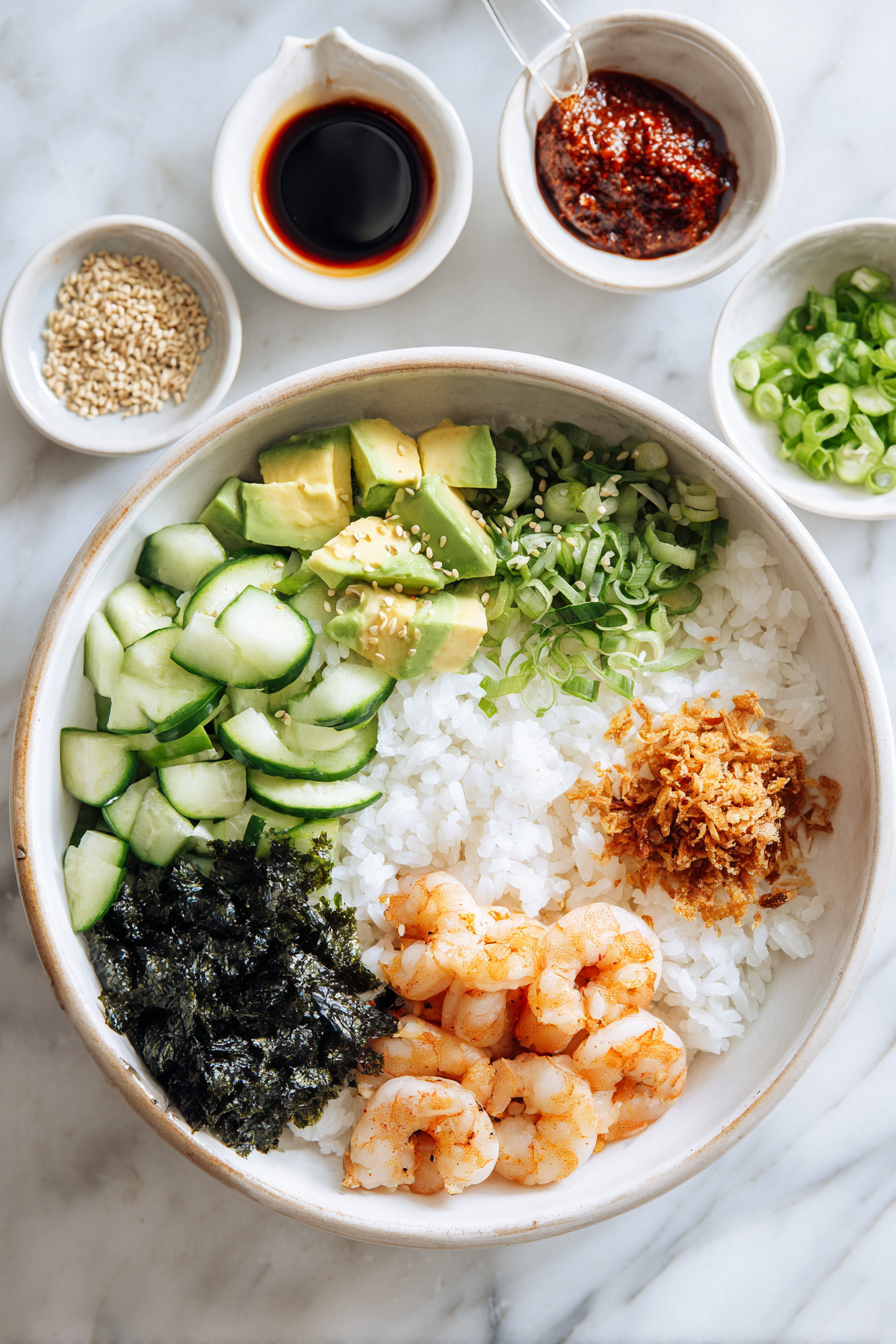 Assemble bowls: Add rice, top with shrimp, cucumber, avocado, and seaweed snacks.
