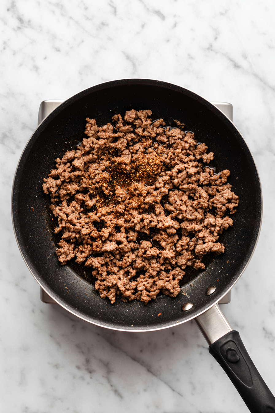 Brown ground beef in a large skillet, then stir in taco seasoning and water. Simmer until thickened.
