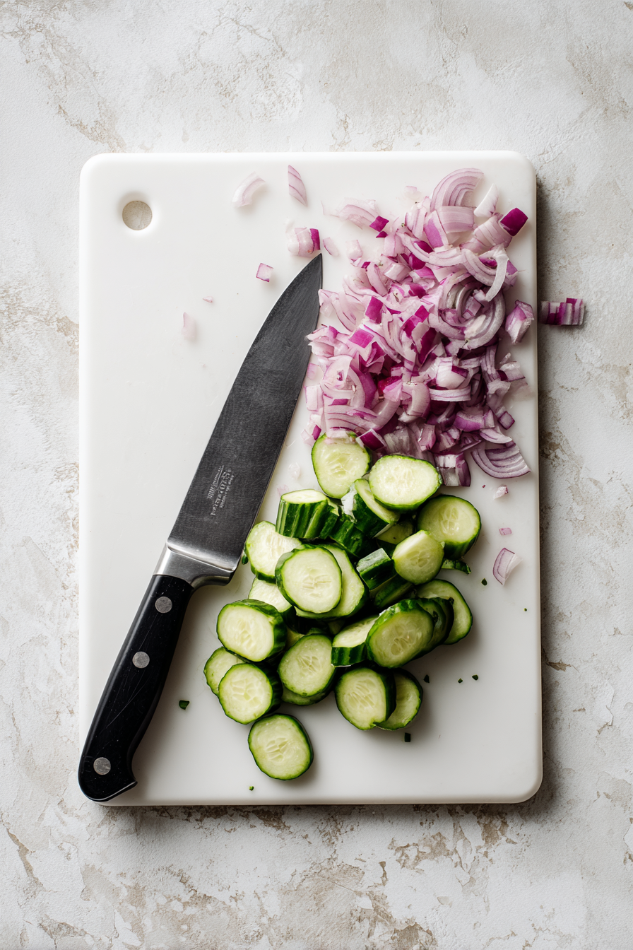 Wash and chop the cucumbers, strawberries, and red onion.