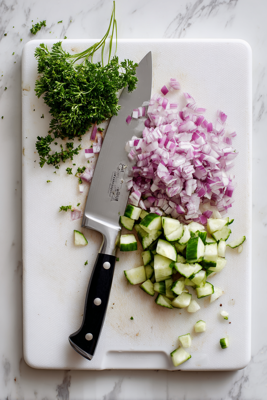 Finely chop onion, cucumber, and parsley; add to the bowl.