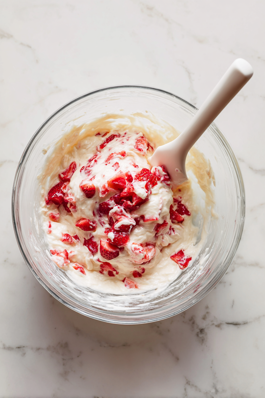 Combine: Fold dry ingredients into wet. Gently stir in chopped strawberries.