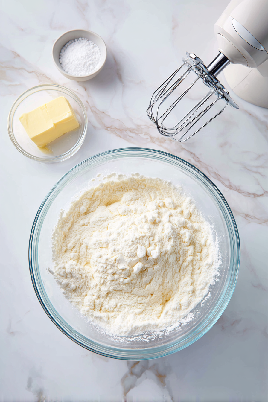 In a bowl, cream together butter, powdered sugar, and vanilla. Mix in flour until a soft dough forms.