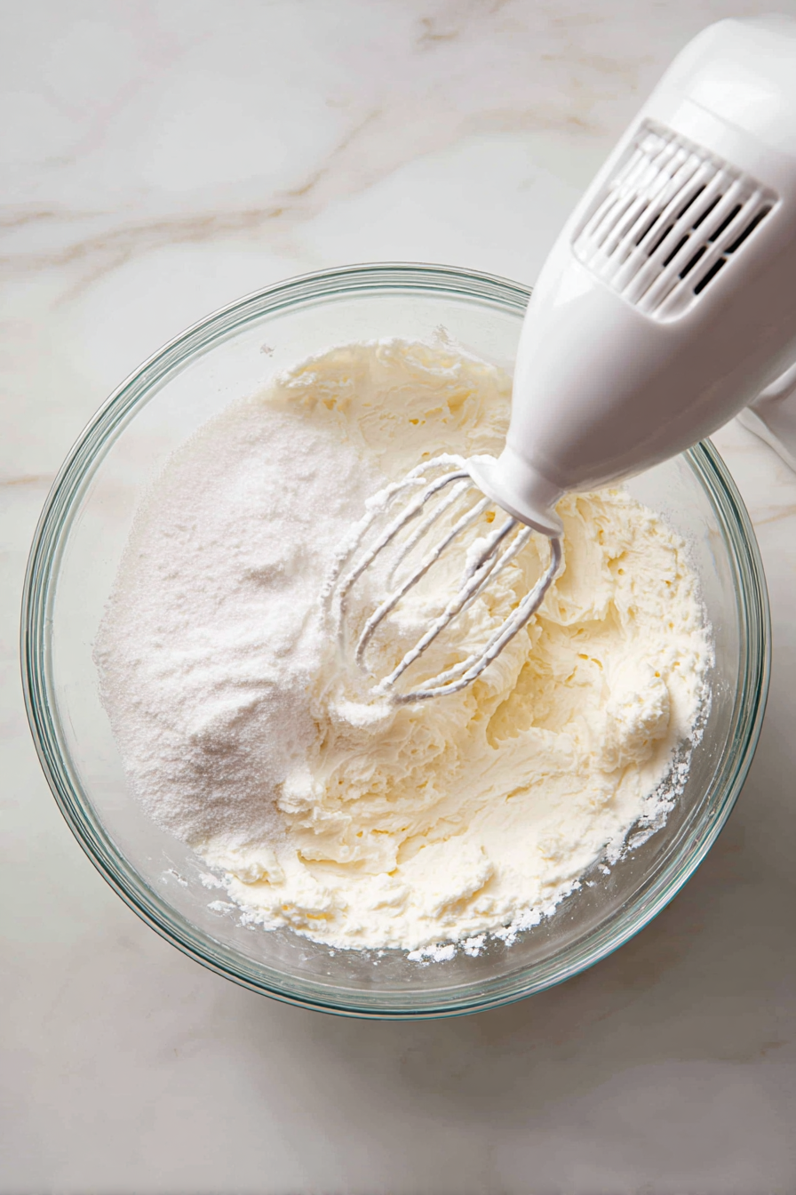 Prepare filling: Beat cream cheese, sugar, and vanilla until smooth.